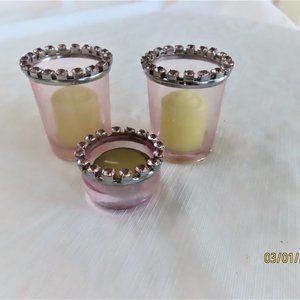 NEW Set of 3 PINK Rhinestone Jeweled Votive Tealight Candle Holders with Candles